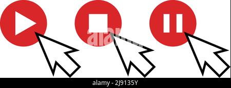 Bouton de lecture, bouton d'arrêt, bouton de pause et curseur de la souris pour cliquer dessus. Vecteur modifiable. Illustration de Vecteur