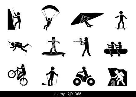 Icônes de sports extrêmes ou d'aventure. Spéléologie et parachute, natation et paintball, escalade et skateboard, illustration vectorielle Illustration de Vecteur