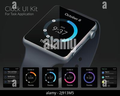 Concept de conception de kit d'interface utilisateur de montre mobile pour application de tâche plate illustration vectorielle isolée Illustration de Vecteur
