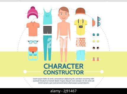 Ensemble de création de personnage plat pour homme avec vêtements d'été pour jeune homme chapeau lunettes de soleil sac à dos baskets pantoufles appareil photo vecteur isolé illustration Illustration de Vecteur