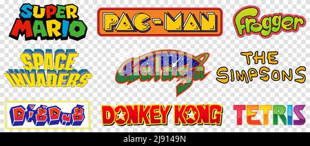 Vinnytsia, Ukraine - 18 mai 2022: Top Arcade Games Logos. Super Mario, The Simpsons, Donkey Kong, PAC Man, Frogger, Galaga, etc. Vecteur éditorial iso Illustration de Vecteur