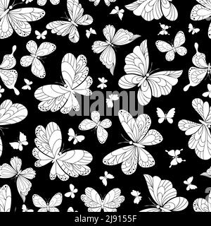 Motif transparent représentant de magnifiques papillons dans un style vintage très orné design calligraphique de style en blanc sur fond noir dans format carré su Illustration de Vecteur