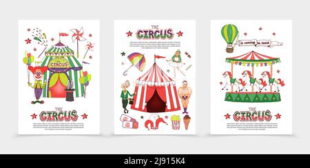 Affiches de cirque plates avec le manège de tente du magicien de clown de l'homme fort magic wand ombret billets pour le pop-corn à la crème glacée en montgolfière vecteur illustrat Illustration de Vecteur