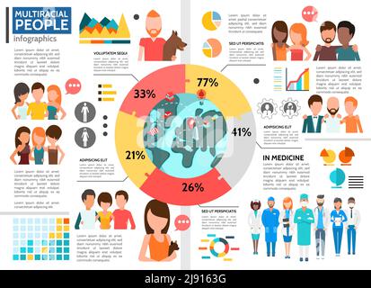 Modèle d'infographie pour personnes multiraciales plates avec diagramme hommes et femmes de différentes ethnies dans diverses sphères de la vie illustration de vecteur Illustration de Vecteur
