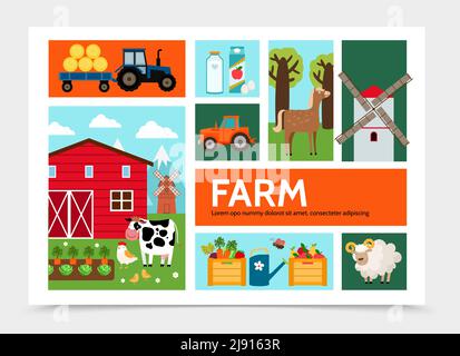 Concept d'infographie sur l'agriculture à plat avec tracteur transportant des moutons de cheval de foin l'arrosage de poulet de vache peut moulin à vent grange jus de lait légumes fruits vecteur Illustration de Vecteur