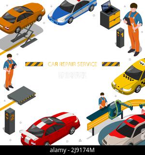 Modèle de service de réparation de voiture isométrique avec auto mécanique taxi sports voitures de police automobiles peinture et processus de diagnostic illustration vectorielle Illustration de Vecteur