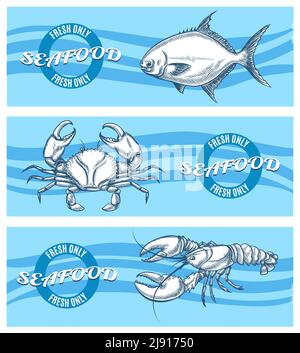 Ensemble de bannières Vector pour fruits de mer. Restaurant et nourriture, design, poisson et illustration du cancer Illustration de Vecteur