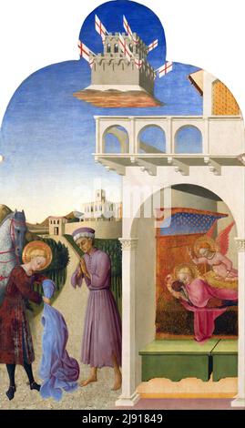 Sassetta. Peinture intitulée 'Saint François rencontre un Chevalier plus pauvre que lui-même et la vision de Saint François de la fondation de l'ordre franciscain' par l'artiste de la Renaissance toscane, Stefano di Giovanni di Consolo, connu sous le nom d'il Sassetta (1392–1450 ou 1451), tempera d'oeuf sur peuplier, c. 1437-44 Banque D'Images