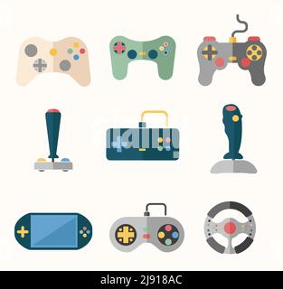 Jeu d'icônes plates du joystick. Jouer, console et bouton, joueur et jeu. Illustration vectorielle Illustration de Vecteur