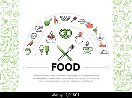 Composition des icônes de la gamme alimentaire avec différentes boissons saucisse bretzel fruits poulet poisson produits sucrés cuisine ustensile éléments vecteur isolé illustraa Illustration de Vecteur