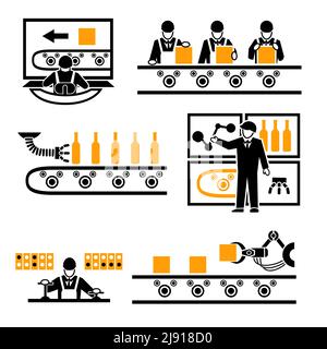 Jeu d'icônes de processus de production en usine. Machine technologique, industrie de transformation, travail de fabrication, illustration vectorielle Illustration de Vecteur