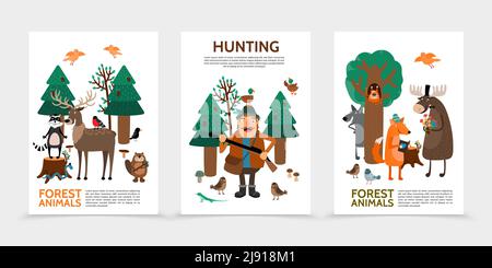 Posters de chasse plats avec raton laveur de chasseur sur le castor de cerf de souche oiseaux écureuil loup serpent renard livre de lecture élan holding fleurs illustration vectorielle Illustration de Vecteur