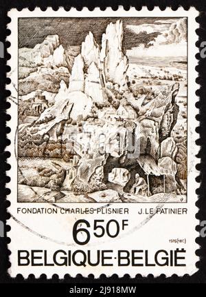 BELGIQUE - VERS 1976 : un timbre imprimé en Belgique montre Saint-Jérôme dans les montagnes, par le Patinier, vers 1976 Banque D'Images