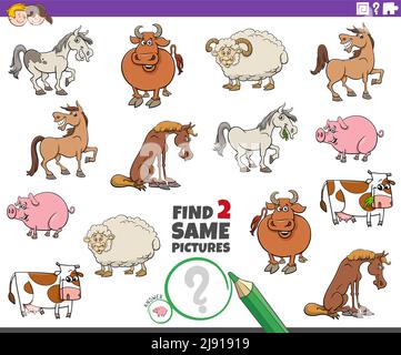 Illustration de dessin animé de trouver deux mêmes images tâche éducative avec les caractères animaux de ferme Illustration de Vecteur