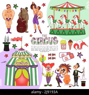 Modèle de cirque plat coloré avec clown tenant des ballons ours magicien jouer au violoncelle animal tours strongmen carrousel tente bonbons billets pop-corn est Illustration de Vecteur