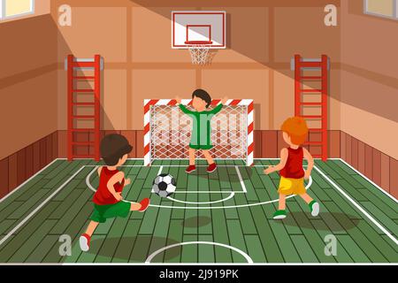 Jeu de football scolaire. Enfants jouant au football. Escaliers sportifs, jeu de salle d'école, basketball et illustration vectorielle de la zone de football Illustration de Vecteur