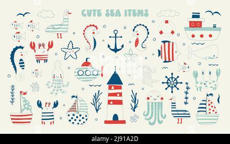 Objets marins mignons, éléments de la nature. Accessoires d'été, jeu d'articles. Phare, volant, crabe, hippocampe, baleine, starfish et d'autres. Bébé Illustration de Vecteur
