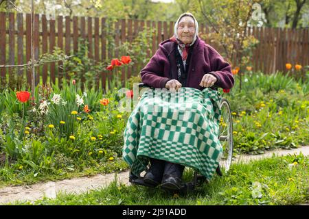 Vieille femme assise dans un fauteuil roulant qui a l'air triste et inquiet. Dépression, soins de santé et soins aux personnes âgées Banque D'Images