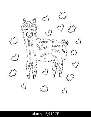 Drôle et mignon dessin animé lama ou alpaga. Motif dessiné à la main pour cartes, autocollants et colles pour enfants. Vetor, illustration. Illustration de Vecteur