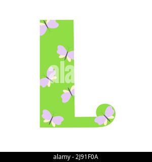 Capitale vert vif décoré avec des papillons de printemps lettre L de l'alphabet anglais dessin à la main illustration simple de style de dessin animé, abc calligraphique, mignon drôle d'écriture, Doodle et lettering Illustration de Vecteur