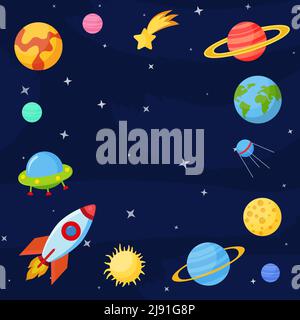 Concept de jeu COSMOS. Défini sur un thème spatial, y compris un transport, des planètes et des objets connexes, des satellites, des instruments pour le suivi du cosmos. Vecteur Illustration de Vecteur
