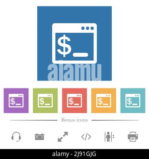 Icônes blanches plates du terminal de commande du se sur fond carré. 6 icônes bonus incluses. Illustration de Vecteur