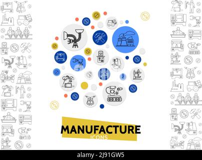 Modèle d'icônes de ligne de fabrication avec marteau à fourche d'usine équipement industriel et bras robotisés en cercles vecteur isolé illustrae Illustration de Vecteur