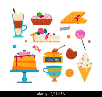 Plats et desserts sucrés - ensemble d'icônes de style plat Illustration de Vecteur