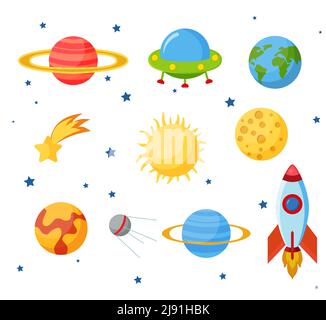 Concept de jeu COSMOS. Défini sur un thème spatial, y compris un transport, des planètes et des objets connexes, des satellites, des instruments pour le suivi du cosmos. Vecteur Illustration de Vecteur