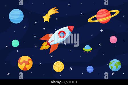 Concept de jeu COSMOS. Défini sur un thème spatial, y compris un transport, des planètes et des objets connexes, des satellites, des instruments pour le suivi du cosmos. Vecteur Illustration de Vecteur