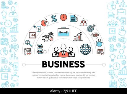 Modèle d'éléments financiers et de gestion d'entreprise avec couleurs et bleu icônes de ligne illustration vectorielle isolée Illustration de Vecteur