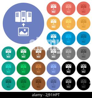 Télécharger l'image sur le serveur des icônes plates multicolores pleines sur des arrière-plans ronds. Inclut des variantes d'icônes blanches, claires et sombres pour les États de survol et d'activité Illustration de Vecteur
