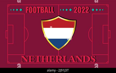 Coupe du monde de la FIFA, Qatar 2022. Motif drapeau de l'équipe des pays-Bas et texte sur fond de terrain de football. Illustration vectorielle. eps 10 Illustration de Vecteur