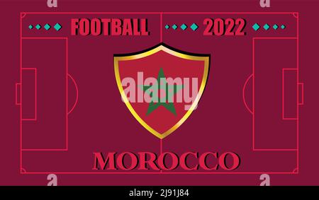 Coupe du monde de la FIFA, Qatar 2022. Motif drapeau de l'équipe du Maroc et texte sur fond de terrain de football. Illustration vectorielle. eps 10 Illustration de Vecteur