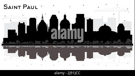 Saint Paul Minnesota City Skyline Silhouette avec bâtiments noirs et réflexions isolées sur blanc. Illustration vectorielle. Voyages d'affaires. Illustration de Vecteur