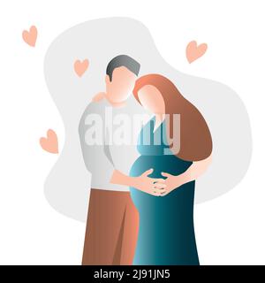 Couple amoureux heureux pour l'arrivée de leur premier bébé. Homme et femme caressant le ventre de la femme enceinte Illustration de Vecteur