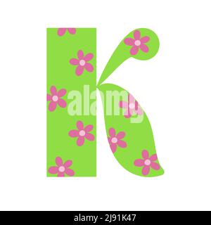 Capitale vert vif décoré avec des fleurs de printemps dessiné à la main lettre K de l'alphabet anglais dessin animé simple style illustration vectorielle, abc calligraphique, mignon drôle écriture, doodle et lettrage Illustration de Vecteur