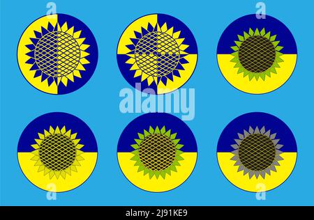 Ensemble d'icônes de tournesol. Illustration. Design dans le style de yin yang dans les couleurs du drapeau de l'Ukraine. Banque D'Images