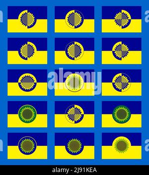 Ensemble d'icônes de tournesol. Illustration. Design dans le style de yin yang dans les couleurs du drapeau de l'Ukraine. Banque D'Images