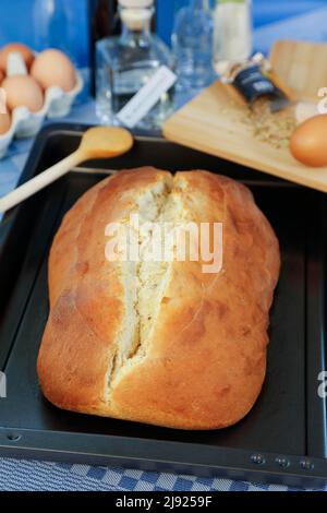 Cuisine souabe, pain de sucre Ulm, pâte de levure douce avec graines de fenouil, cuit, plaque de cuisson, cuillère de cuisson en bois à l'arrière, en remuant Banque D'Images