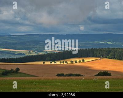 Vue depuis Hohe Geba du paysage Hochrhoen dans la réserve de biosphère de Rhoen UNESCO, Geba, Thuringe, Allemagne Banque D'Images