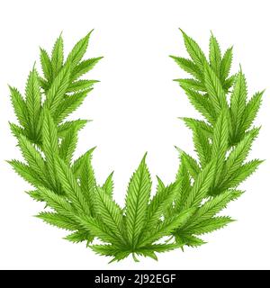 Watercolor cannabis Wreath. Cadre de plantes de chanvre sauvage dessinées à la main pour carte de vœux, logo, cadre ou bordure. Banque D'Images