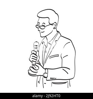 line art homme d'affaires avec des lunettes tenant le microphone illustration vecteur main dessiné isolé sur fond blanc Illustration de Vecteur