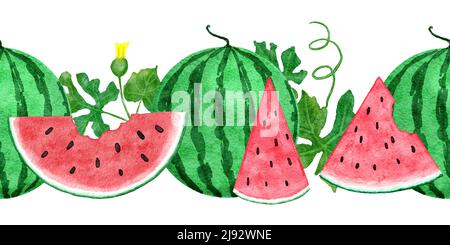 Aquarelle tracé à la main bordure horizontale sans couture avec pastèque rouge verte, tranches de graines de fruits d'été. Végétarien végétalien cadre alimentaire sain, jungle tropicale de vacances concept Banque D'Images