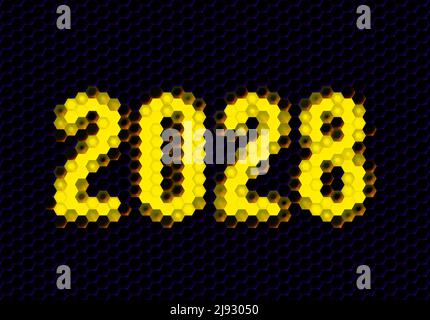 Signe de l'année 2028 avec la grille de pixels hex. Numéro du nouvel an ou chiffres pour la carte de célébration de la veille des fêtes ou le calendrier. Illustration de Vecteur