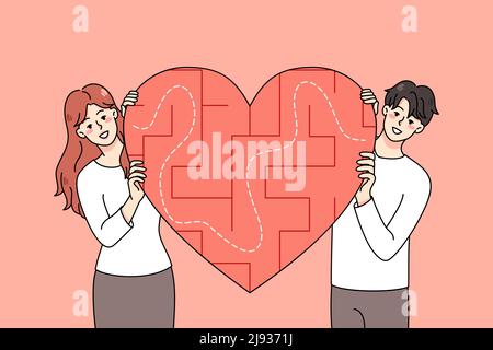 Joyeux jeune couple avec le symbole de coeur avec labyrinthe à l'intérieur de recherche amour. Homme souriant et femme recherchent des relations. Application et service de datation. Illustration vectorielle plate. Illustration de Vecteur