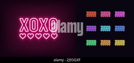 Contour de l'icône XOXO néon. Texte XOXO au néon lumineux avec coeurs, pictogramme de l'amour. Texte « Hugs and kisses », message XOXO, citation romantique et dicton, show love Illustration de Vecteur