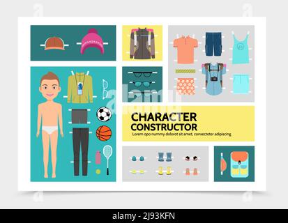 Motifs d'infographies de personnage de sport plat avec shorts de chemise pour jeunes garçons sneakers sac casquette lunettes de soleil pantalon football basket-ball balles tennis raquette isolé Illustration de Vecteur