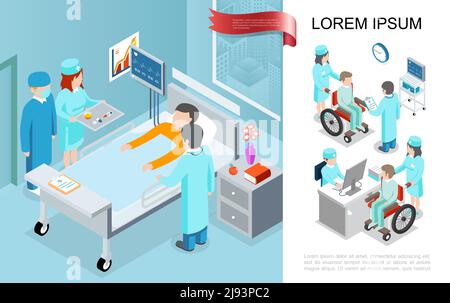 Concept de traitement médical isométrique avec des médecins et une infirmière visitant le patient dans le quartier après l'illustration du vecteur chirurgical Illustration de Vecteur