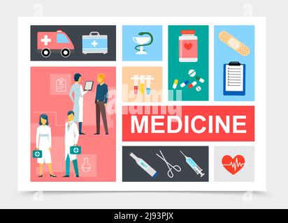 Composition d'éléments de médecine plate avec médecins infirmière patient ambulance voiture kit médical serpent et bol pilules plâtre presse-papiers tubes ciseaux seringue Illustration de Vecteur